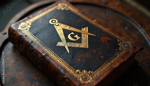 Old masonic book cover close up. Leather bound volume features gold embossed compass and square symbol with letter G. Ornate antique artifact.
