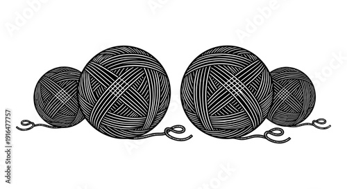 Four balls of yarn including a white one are arranged in a simple illustrative composition