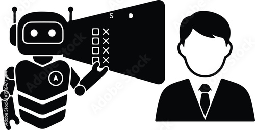 silhouette robot analyzing human worker for recruitment and performance assessment vector design