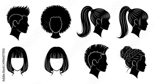 Diverse collection of black silhouettes depicting various modern and classic hairstyles for women high quality professional