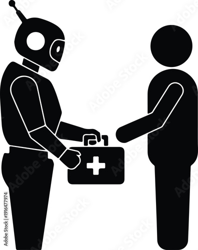 silhouette robot assistant handing medical first aid kit to patient vector design