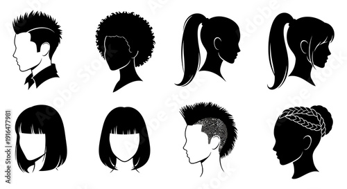 Diverse hairstyles are represented in these black silhouettes of people s heads and shoulders high quality professional
