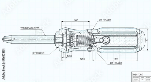 Technical drawing of a torque-adjustable screwdriver with internal mechanisms shown in cross-section.