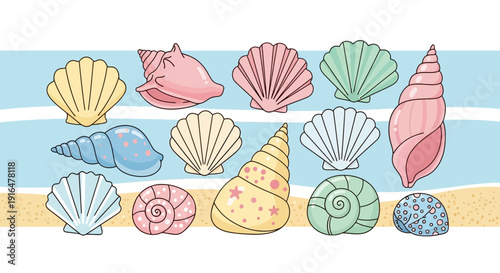 A vibrant collection of various seashells and conch shells displayed on a sandy beach with a light blue ocean background.