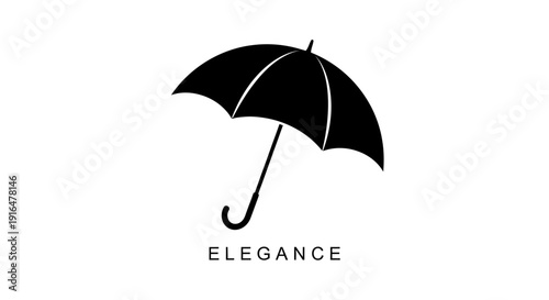 A black silhouette of an open umbrella with the word "ELEGANCE" written below it on a white background, representing a brand logo.
