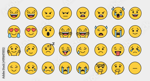 A comprehensive collection of yellow emoji faces depicting a wide range of human emotions and expressions, including joy, anger, sadness, love, and surprise.
