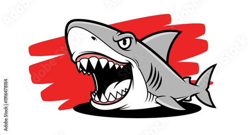 A cartoon great white shark with its mouth wide open, showing sharp teeth, against a red brushstroke background.