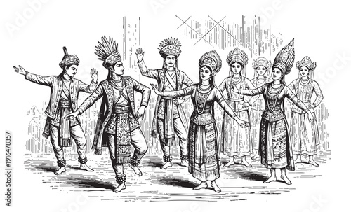 traditional asian Dancer Hand Drawn Vintage Illustration