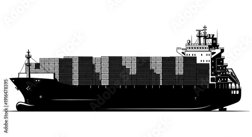 A detailed black and white illustration of a large container ship at sea high quality professional