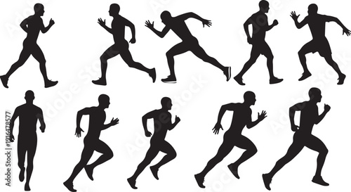 Silhouettes of runners in various poses and running styles depicted