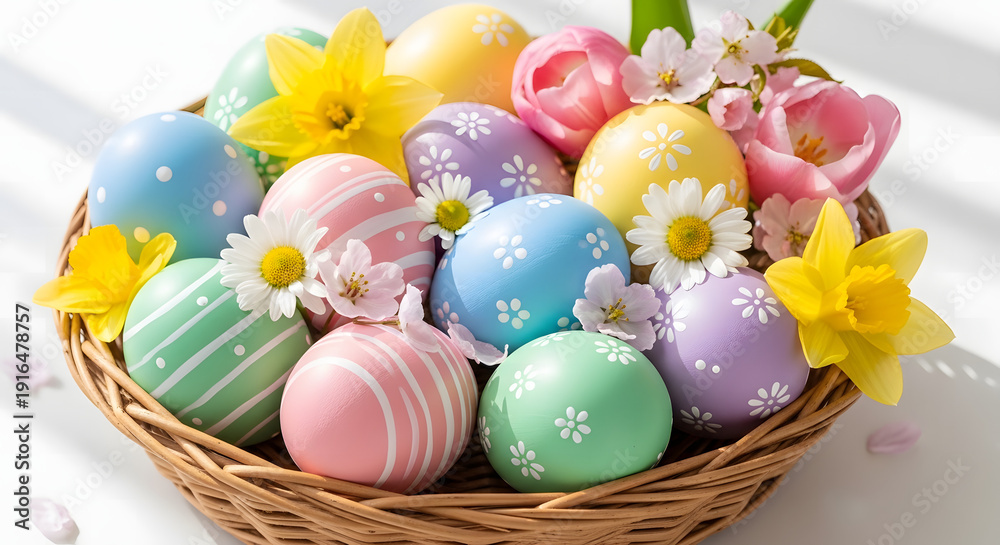 Fototapeta premium Colorful Easter Eggs in Wicker Basket with Spring Flowers