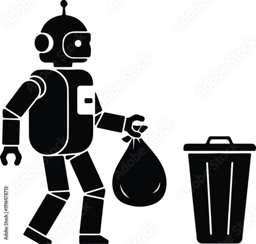 silhouette robot carrying a trash bag to a garbage can vector design