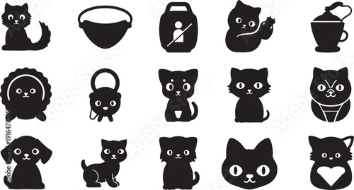Cute black and white animal icons with happy expressions