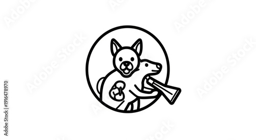 Mother kangaroo with joey in pouch holds baby bottle circular logo simple line drawing