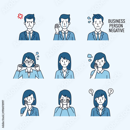 Set of Nine Male and Female Business Professionals Displaying Negative Emotions and Stress