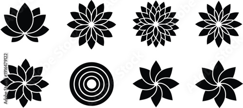 Geometric Floral Symphony: An artistic collection of intricate floral designs and patterns, rendered in elegant black and white, suitable for diverse creative applications.