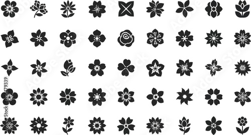 Floral Symphony: A collection of various flower icons with intricate petal arrangements and shapes, evoking simplicity and natural beauty.