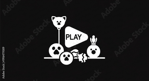 Play button icon with cartoon animal faces and paw prints on black background for fun and entertainment