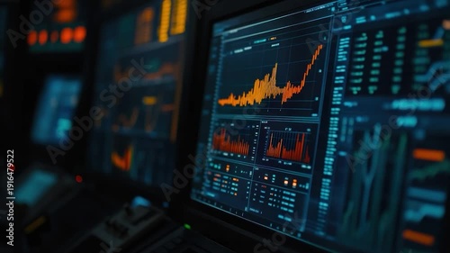 Multiple computer screens display intricate data visualizations, graphs, charts, and diagrams