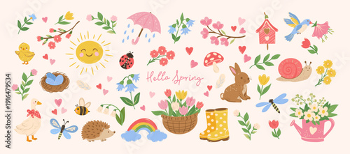 Hand drawn сute spring summer stickers elements. Flowers, goose, chicken, butterfly, birds, sun, rabbit, snail, dragonfly, heart, birdhouse. Vintage vector flat illustration.