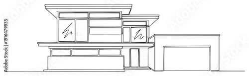 Single line art vector of a contemporary residential house with a flat roof and attached garage