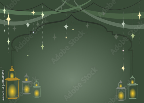 Islamic themed background with hanging lanterns, stars, and decorative arch in deep green night atmosphere.