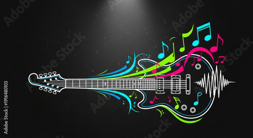Electric guitar with colorful musical notes and sound waves on black background with spotlight