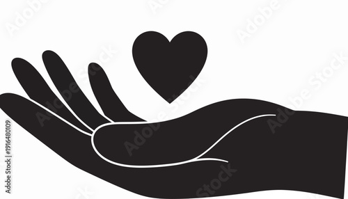 Open Hand Silhouette Presenting Floating Heart Icon for Care and Support Concept