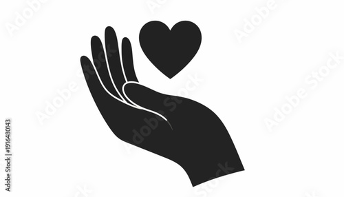Silhouette of Open Hand Holding a Floating Heart Icon for Care and Generosity Concept