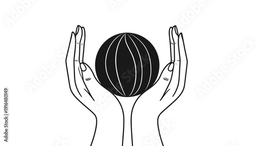 Stylized Line Art of Hands Cupping and Protecting a Striped Sphere