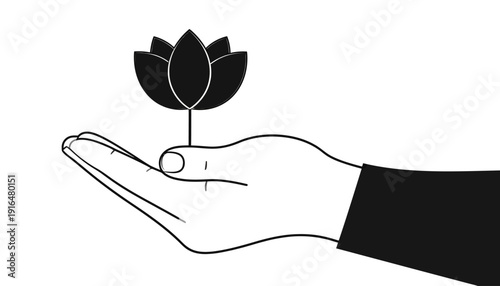 Minimalist Hand Holding Lotus Bud Icon Outline for Spirituality and Purity Concepts