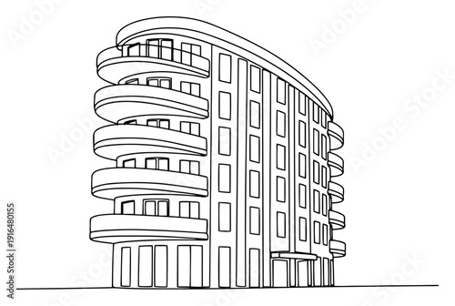 Modern multi story apartment building with curved balconies in minimalist line art style