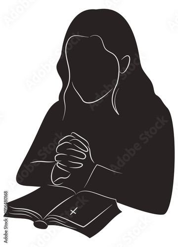 Silhouette of a woman praying with hands clasped beside an open holy book in calm reflective pose.
