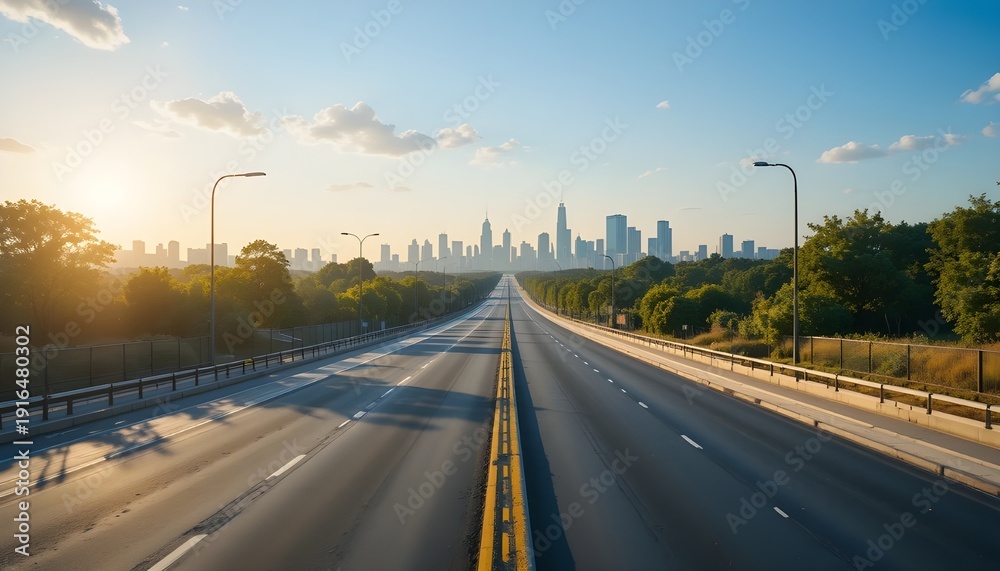 Obraz premium Urban Landscape Road Leading Through Bustling Modern City Skyline Background