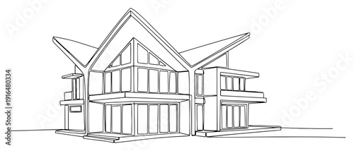 Minimalist one line drawing of a contemporary house with a unique geometric roof design