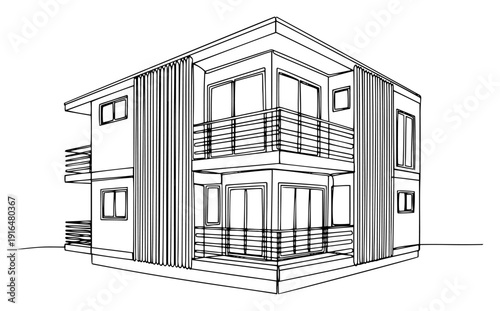 Single line art vector of a modern two story residential house with balconies and glass windows