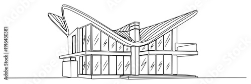 Futuristic modern house with unique curved roof design in continuous line art style