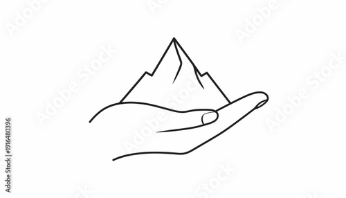 Minimalist Outline Hand Holding a Mountain Peak Symbol for Achievement and Success