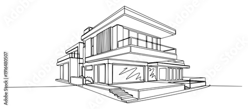 Luxurious contemporary villa with large windows and terraces minimalist architectural sketch