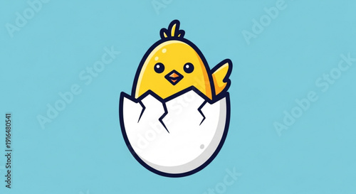Cute yellow chick hatching from egg on blue background symbolizing new life and beginnings in a joyful and colorful illustration