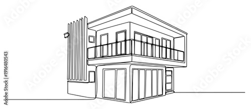 Minimalist one line drawing of a modern two story luxury house with balcony