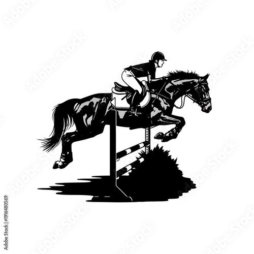 Equestrian Athlete Jumping Fence in Show Jumping Competition