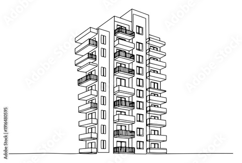Tall modern apartment building with numerous balconies in minimalist line art style