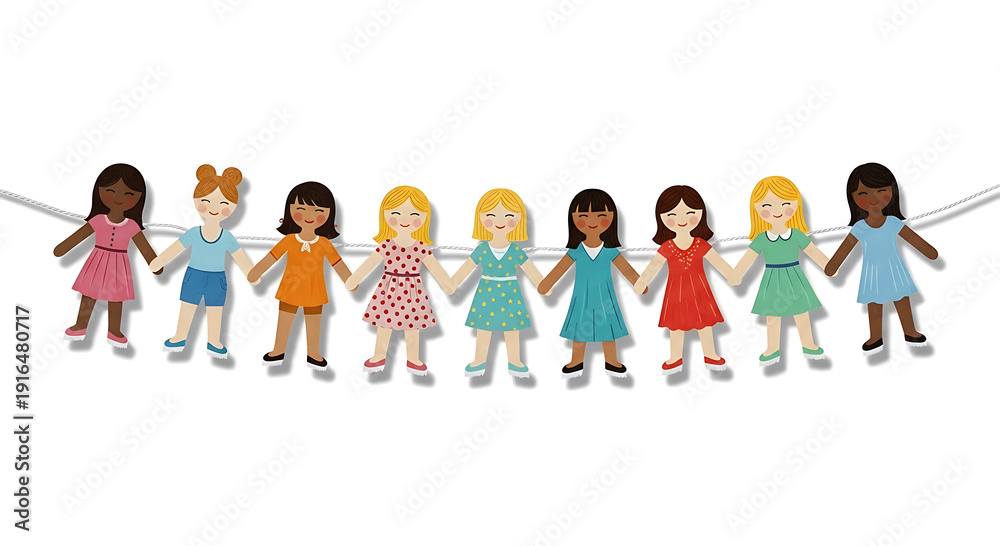 Fototapeta premium Diverse group of felt dolls holding hands in a line