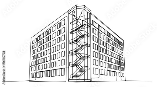 Continuous line drawing of a large office building with external staircase architectural design