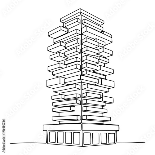 Continuous line drawing of a modern abstract skyscraper with stacked architectural volumes