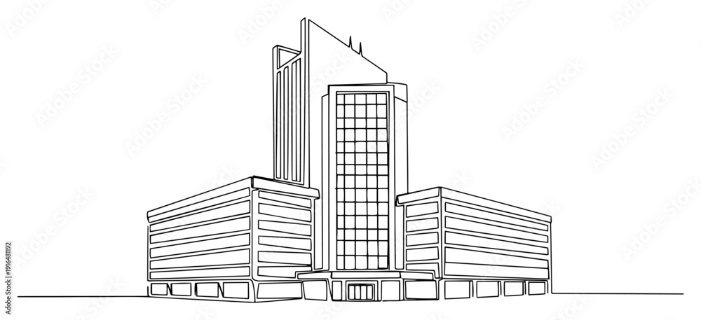 Fototapeta premium Single line art vector of a modern office building with central glass tower and commercial design