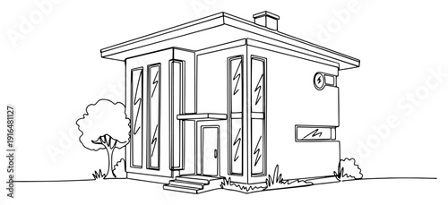 Minimalist architectural sketch of a contemporary modern villa with tall vertical windows