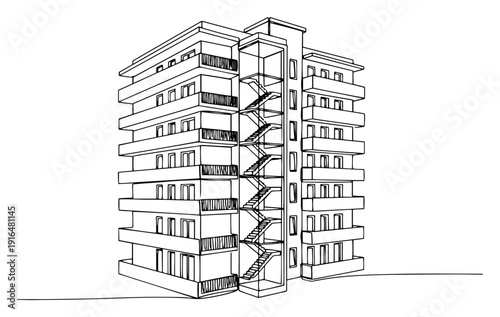 Continuous line drawing of a modern apartment building with many balconies and central staircase