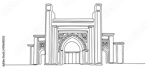 Continuous line drawing of an ornate Islamic style gateway with decorative arches and pillars